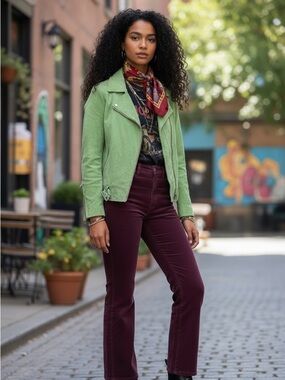 Twiggy London Lined Eclectic Leather Zip Up Moto Biker Jacket Green Size Medium